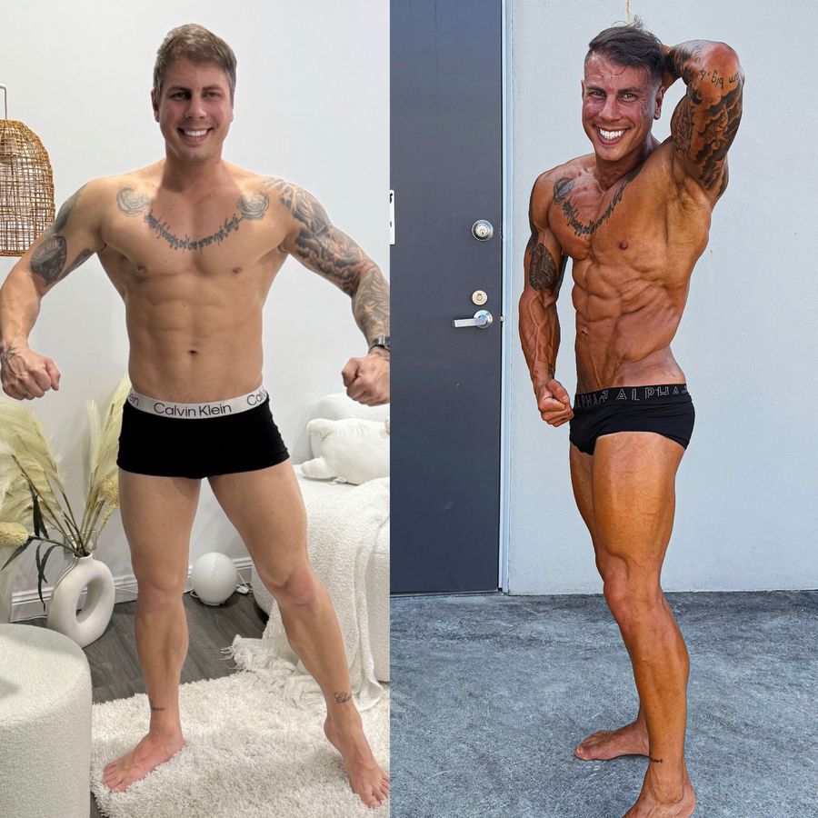 Alex before and after transformation, 12 week contest prep
